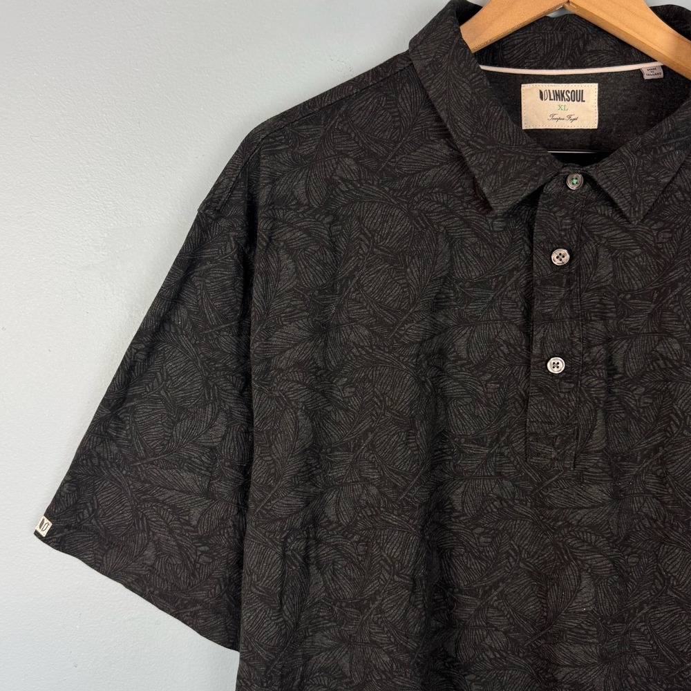 Linksoul Mens XL Black Palm Leaves Tropical Short Sleeve Golf Polo Shirt Stretch